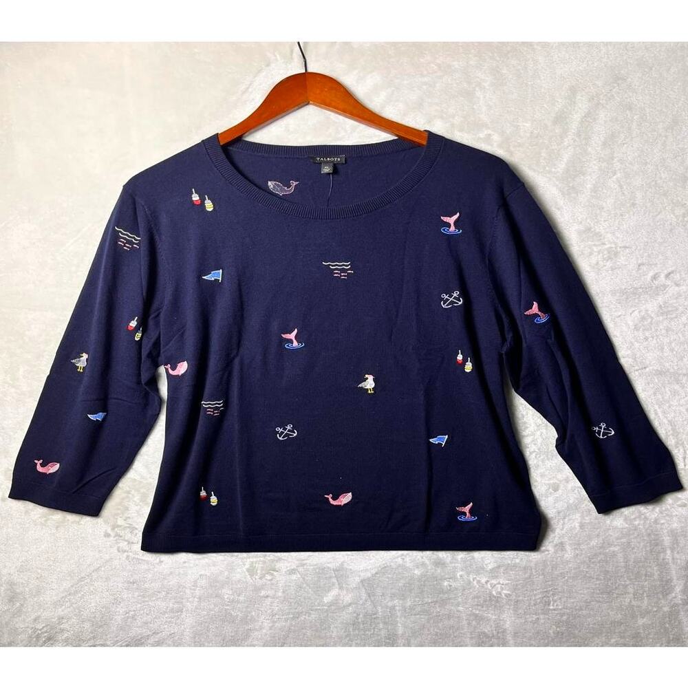 NWT Talbots Light Knit Spring Coastal Sweater Women's XL Nautical Embroidery